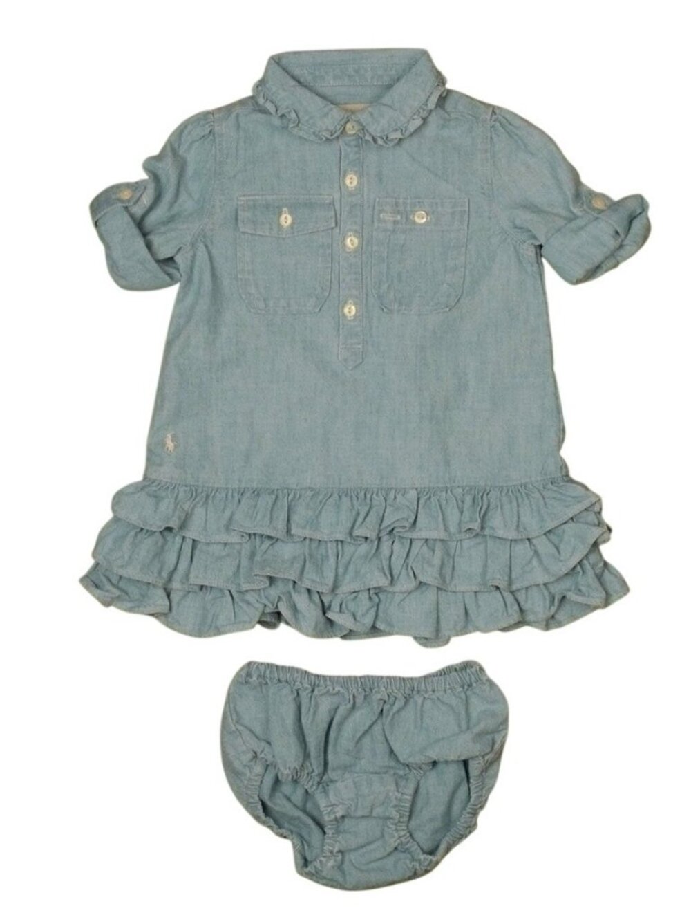NWT Ralph Lauren Baby Girls Ruffle Hem Chambray Dress & Bloomers Set / 9 MON